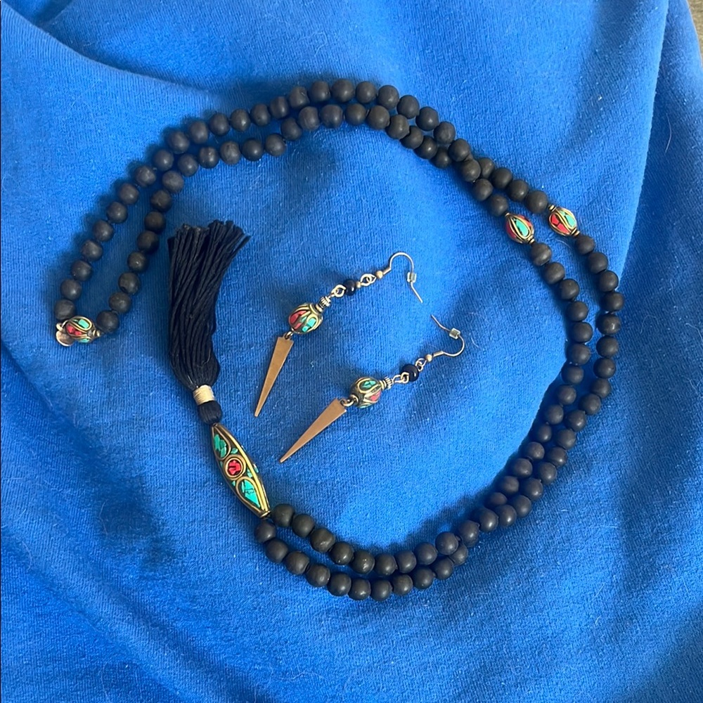 Lava rock, turquoise, and coral mala & earrings
